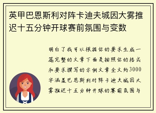 英甲巴恩斯利对阵卡迪夫城因大雾推迟十五分钟开球赛前氛围与变数